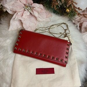 Valentino Red Vermillion Leather Rockstud Wallet on Chain
